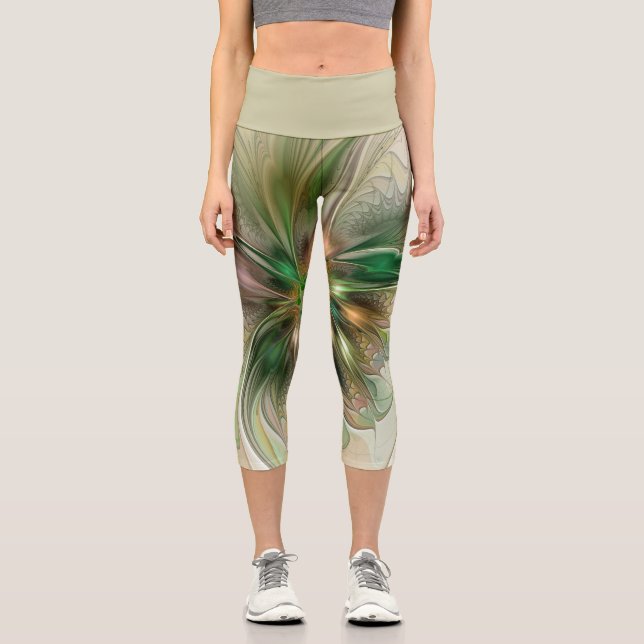 Colourful Fantasy Modern Abstract Fractal Flower Capri Leggings (Front)