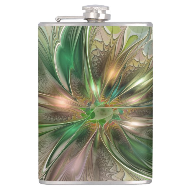 Colourful Fantasy Modern Abstract Fractal Flower Hip Flask (Front)