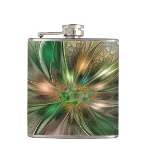 Colourful Fantasy Modern Abstract Fractal Flower Hip Flask