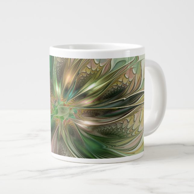 Colourful Fantasy Modern Abstract Fractal Flower Large Coffee Mug (Front Right)