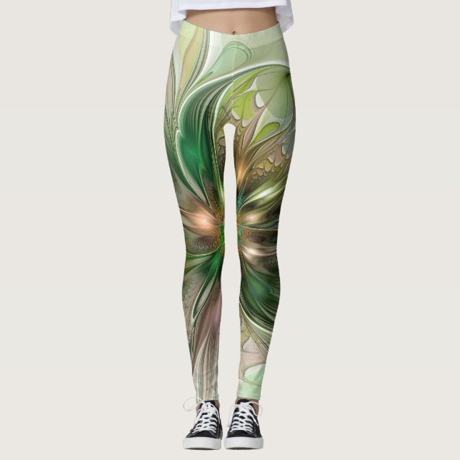 Colourful Fantasy Modern Abstract Fractal Flower Leggings (Front)