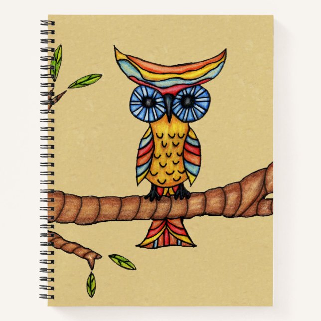 Colourful Fantasy Owl Blue Eyes Branch Leaves Tan Notebook (Front)