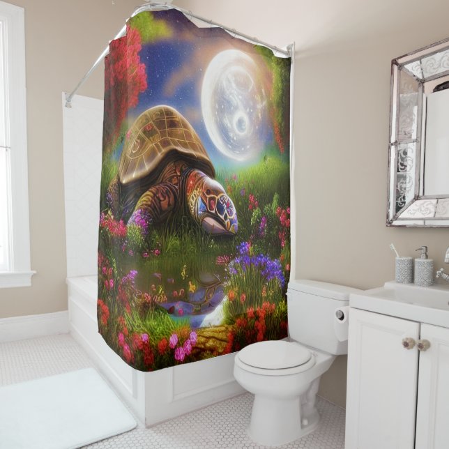 Colourful fantasy turtle shower curtain (In Situ)