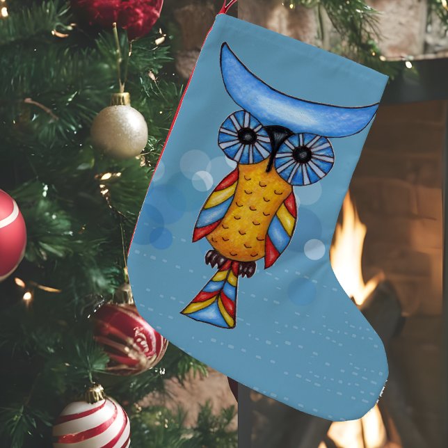 Colourful Fantasy Whimsical Owl Small Christmas Stocking (Fantasy abstract owl blue eyes colourful feathers on blue with circles Christmas stocking.)