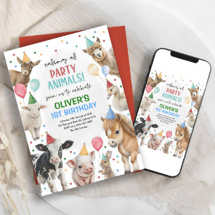 Colourful Farm Animals Balloons Boy Birthday Invitation