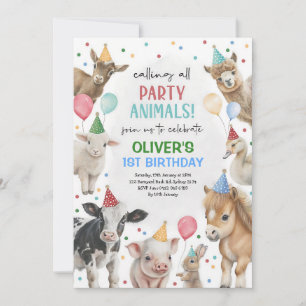 Colourful Farm Animals Balloons Boy Birthday Invitation