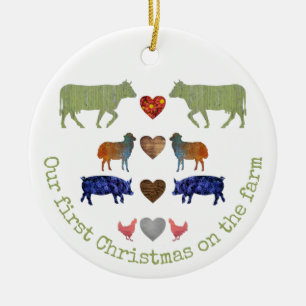 Colourful Farm Animals Cute First Family Christmas Ceramic Tree Decoration