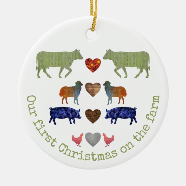 Colourful Farm Animals Cute First Family Christmas Ceramic Tree Decoration (Front)