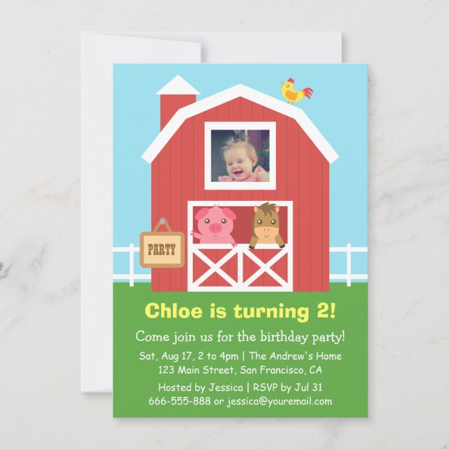 Colourful Farm Barnyard Animal Birthday Party Invitation (Front)