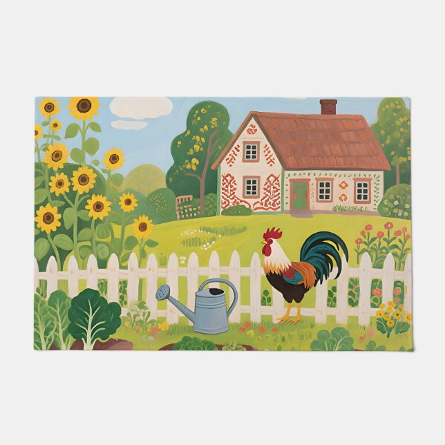 Colourful Farm Garden Rooster Doormat (Front)