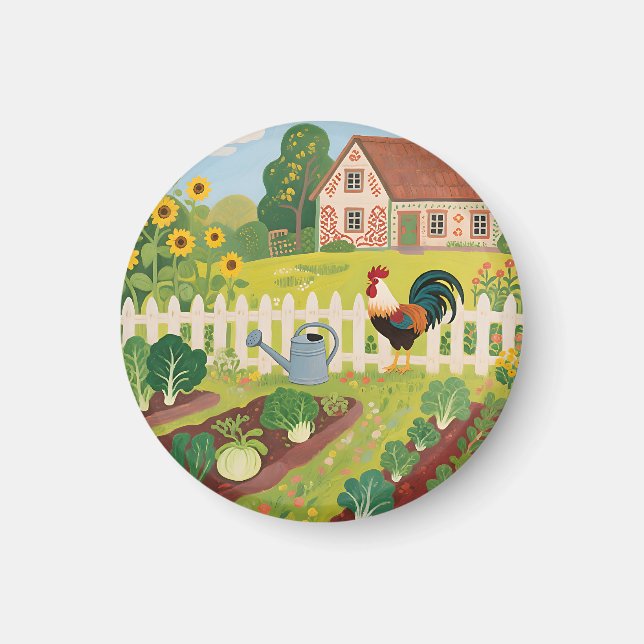 Colourful Farm Garden Rooster Magnet (Front)