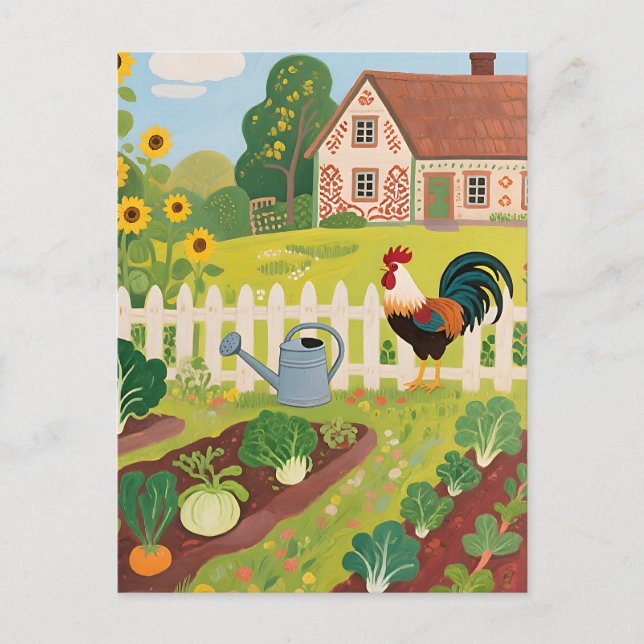 Colourful Farm Garden Rooster Postcard (Front)