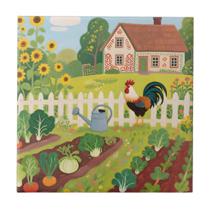 Colourful Farm Garden Rooster Tile