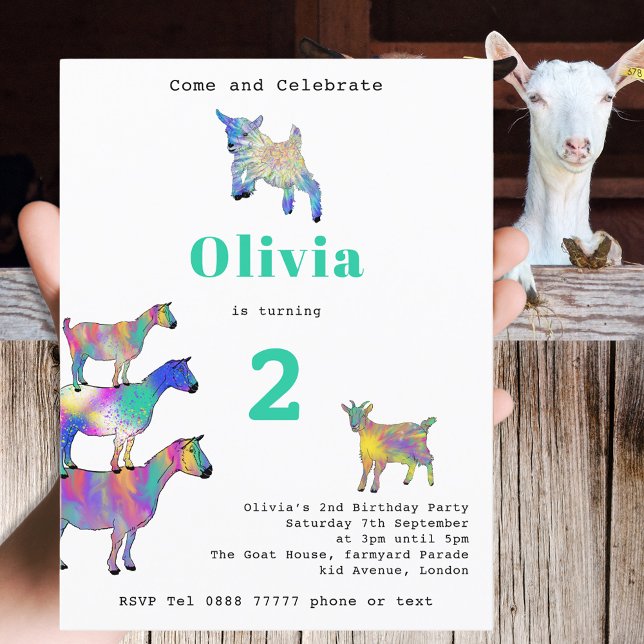 Colourful Farm Goats Birthday Party Invitation Postcard (Cute goats colorful farm animal art watercolor 2nd birthday party invitation postcard)