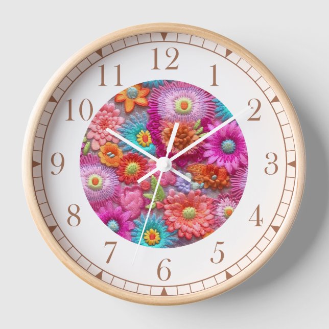 Colourful Faux Embroidered Floral Elegant Clock (Front)