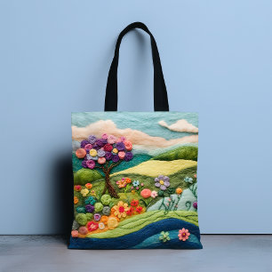 Colourful Faux Felted Floral Country Landscape Tote Bag