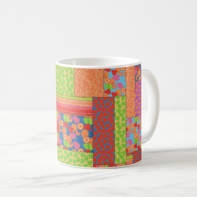 Colourful Faux Patchwork of Summer Fruits Patterns Coffee Mug (Front Right)