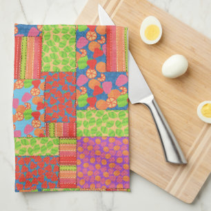 Colourful Faux Patchwork of Summer Fruits Patterns Tea Towel