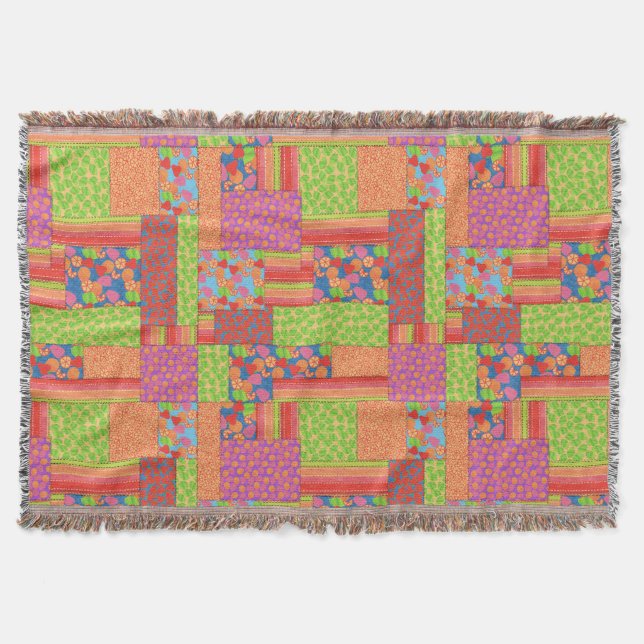 Colourful Faux Patchwork of Summer Fruits Patterns Throw Blanket (Front)