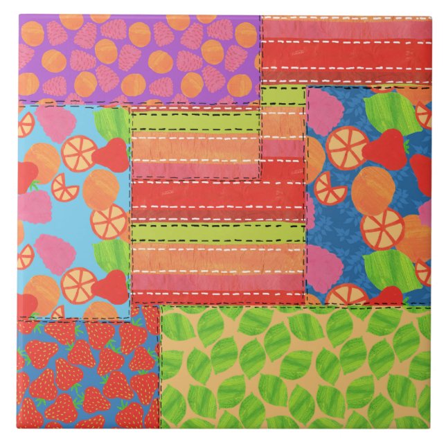 Colourful Faux Patchwork of Summer Fruits Patterns Tile (Front)