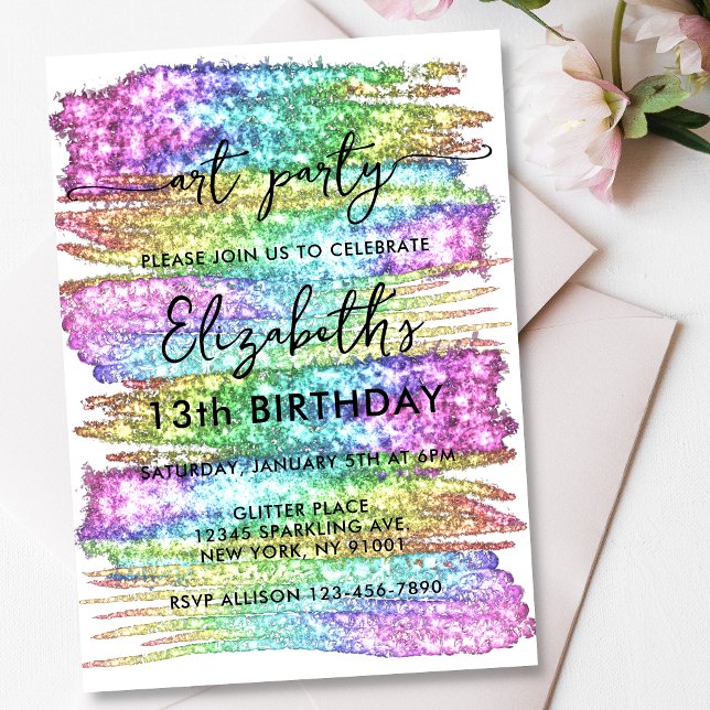 Colourful Faux Rainbow Glitter Art Birthday Party Invitation (Creator Uploaded)