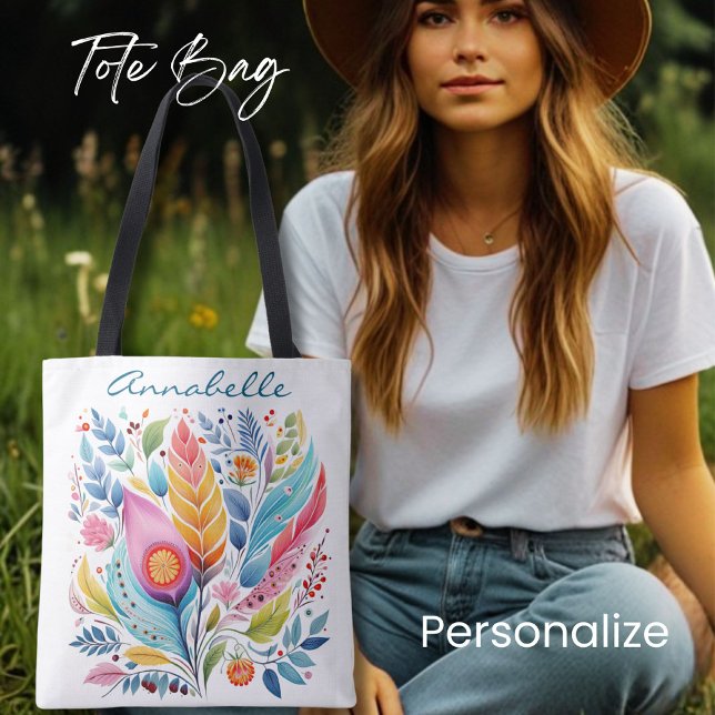 Colourful Feather Floral Tote Bag, Boho Style, (Creator Uploaded)