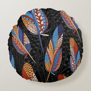 Colourful Feather Pattern Seamless Background. Round Cushion