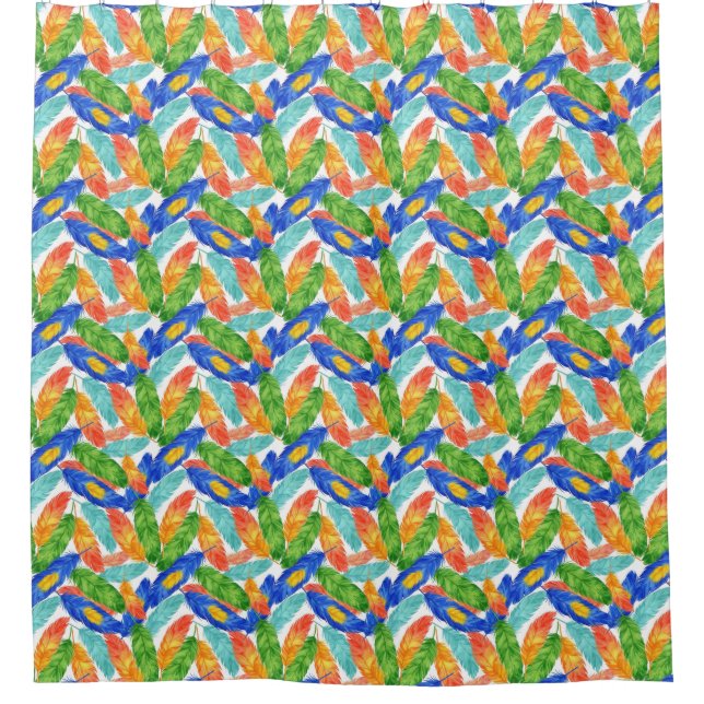 Colourful Feather Pattern — Seamless Watercolor Shower Curtain (Front)