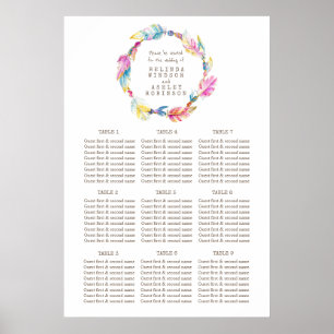 Colourful feather watercolor wedding table plan poster