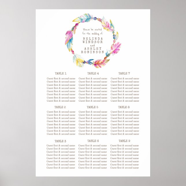 Colourful feather watercolor wedding table plan poster (Front)