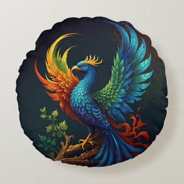 Colourful Feathered Phoenix Bird Pattern  Round Cushion (Front)