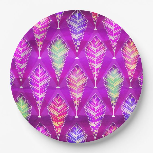 Colourful Feathers Abstract Pattern In Purple Pink Paper Plate (Front)