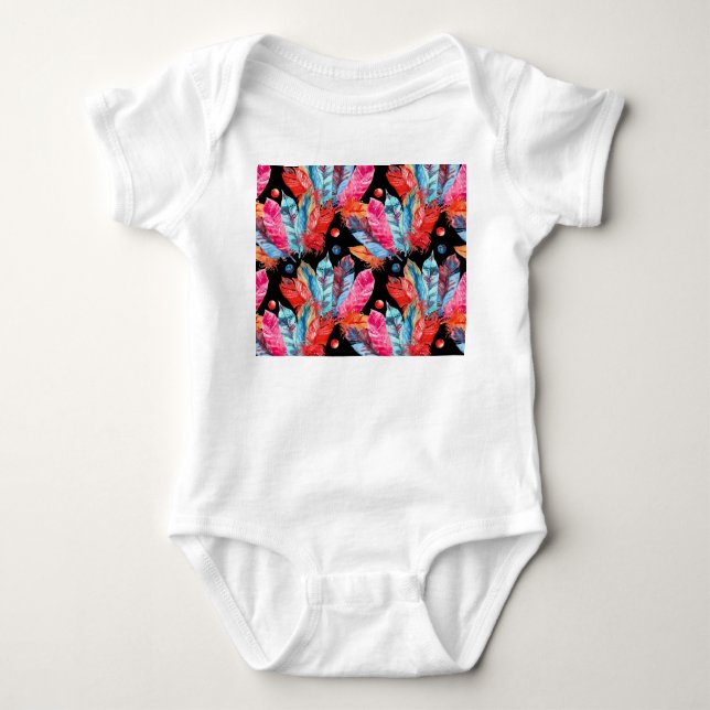 Colourful feathers, boho, seamless, vibrant. baby bodysuit (Front)
