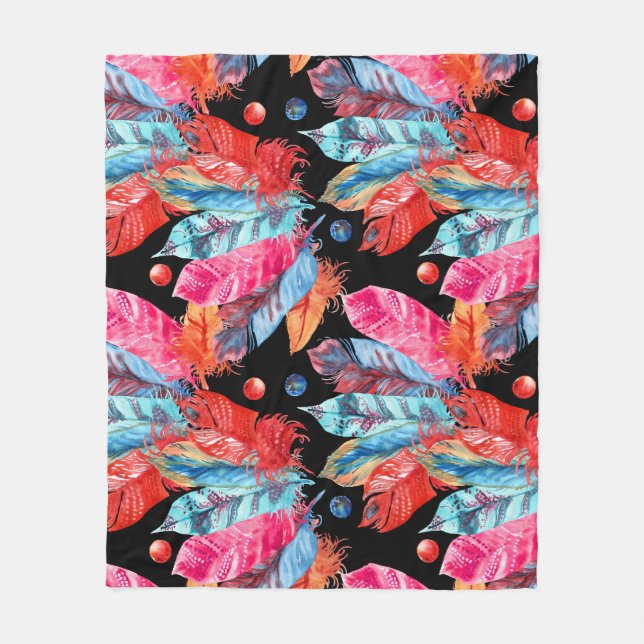 Colourful feathers, boho, seamless, vibrant. fleece blanket (Front)