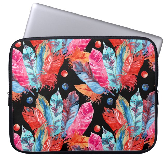 Colourful feathers, boho, seamless, vibrant. laptop sleeve (Front)