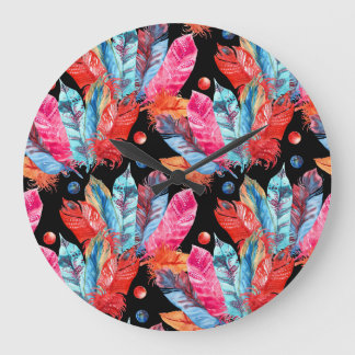 Colourful feathers, boho, seamless, vibrant. large clock