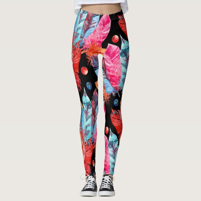 Colourful feathers, boho, seamless, vibrant. leggings (Front)
