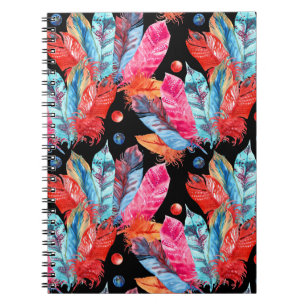 Colourful feathers, boho, seamless, vibrant. notebook