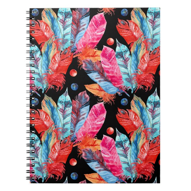 Colourful feathers, boho, seamless, vibrant. notebook (Front)