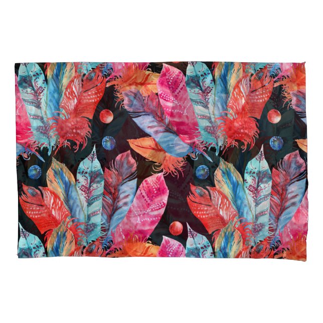 Colourful feathers, boho, seamless, vibrant. pillowcase (Front)