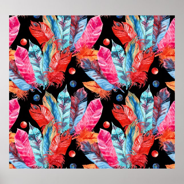 Colourful feathers, boho, seamless, vibrant. poster (Front)