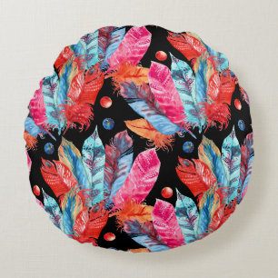 Colourful feathers, boho, seamless, vibrant. round cushion