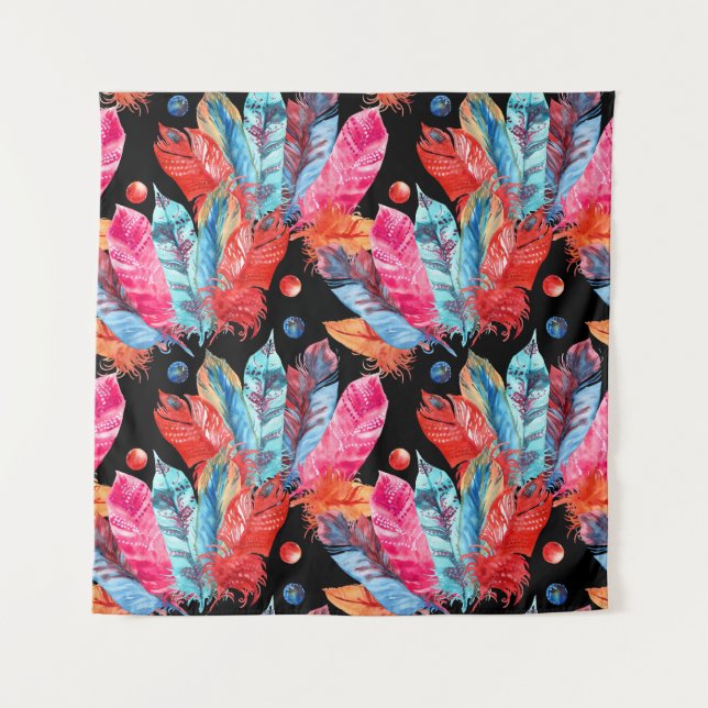 Colourful feathers, boho, seamless, vibrant. tapestry (Front)