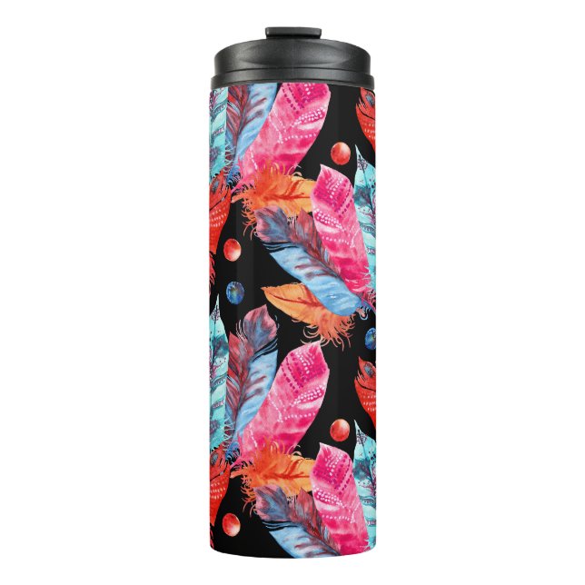 Colourful feathers, boho, seamless, vibrant. thermal tumbler (Front)