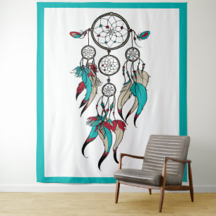Colourful feathers dreamcatcher tapestry