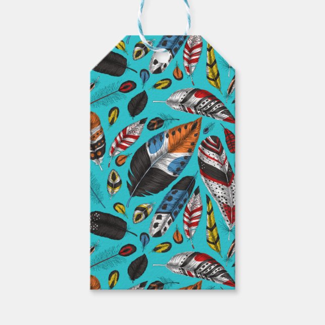 Colourful feathers gift tags (Front)