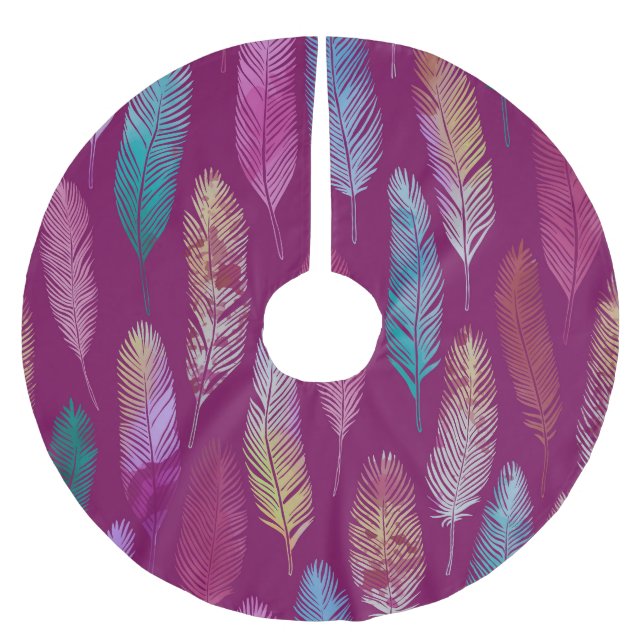Colourful feathers: purple background pattern. brushed polyester tree skirt (Front)