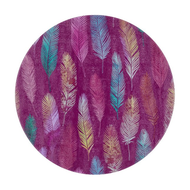 Colourful feathers: purple background pattern. cutting board (Front)