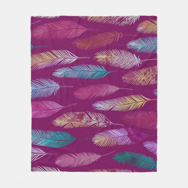 Colourful feathers: purple background pattern. fleece blanket (Front)