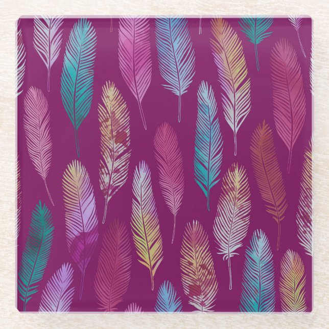 Colourful feathers: purple background pattern. glass coaster (Front)